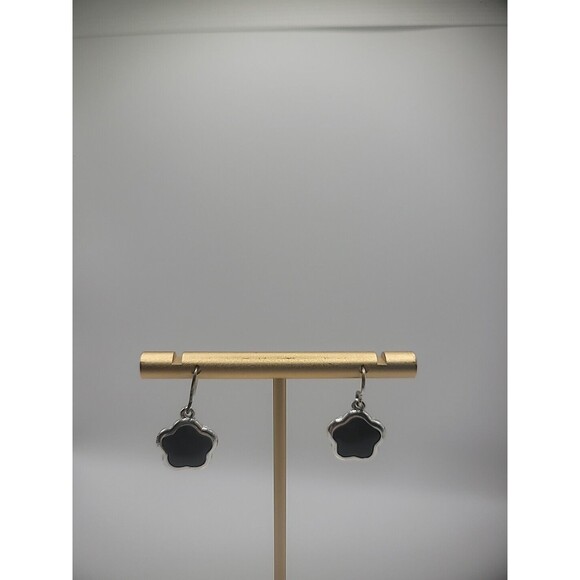 KC Silver Tone Hook Dangle Drop Earrins Pierced Clover Black Jewelry Costume - Picture 1 of 10